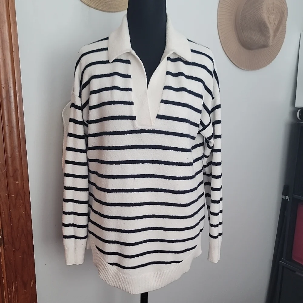 LOFT Black  and White Striped V-Neck Sweater - Picture 11 of 11